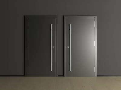 Two Modern Dark Hinged Doors With Sleek Metal Handles Against Gray Wall And Wooden Floor 3d model