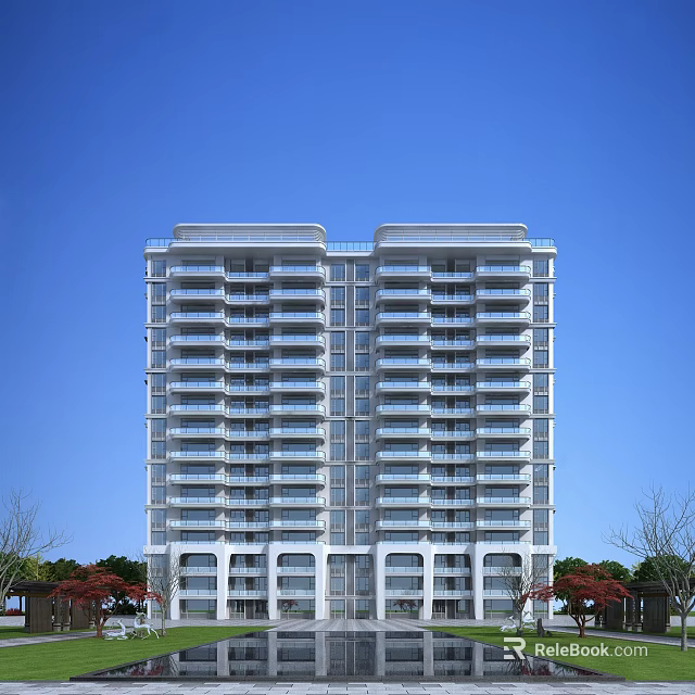 Modern High Rise Residential Building with White Exterior and Balconies Against Blue Sky and Green Trees 3d model 