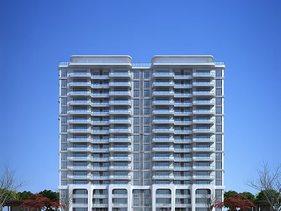 Modern High Rise Residential Building with White Exterior and Balconies Against Blue Sky and Green Trees 3d model