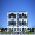 Modern High Rise Residential Building with White Exterior and Balconies Against Blue Sky and Green Trees