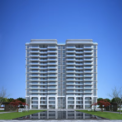 Modern High Rise Residential Building with White Exterior and Balconies Against Blue Sky and Green Trees 3d model