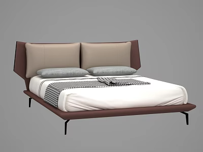 Contemporary Double Bed With Brown Beige Upholstered Headboard Gray Pillows White Sheets And Black Legs 3d model