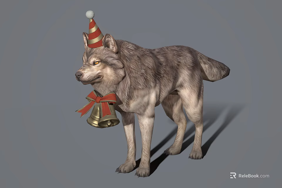 Wolf Wearing Festive Red And White Striped Christmas Hat With Bell Around Neck 3d model 