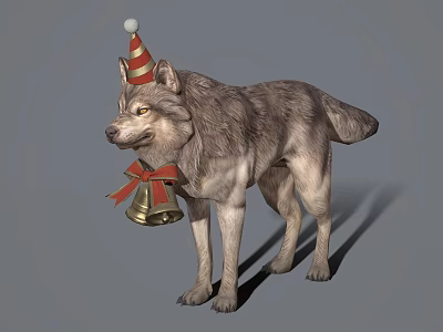 Wolf Wearing Festive Red And White Striped Christmas Hat With Bell Around Neck 3d model