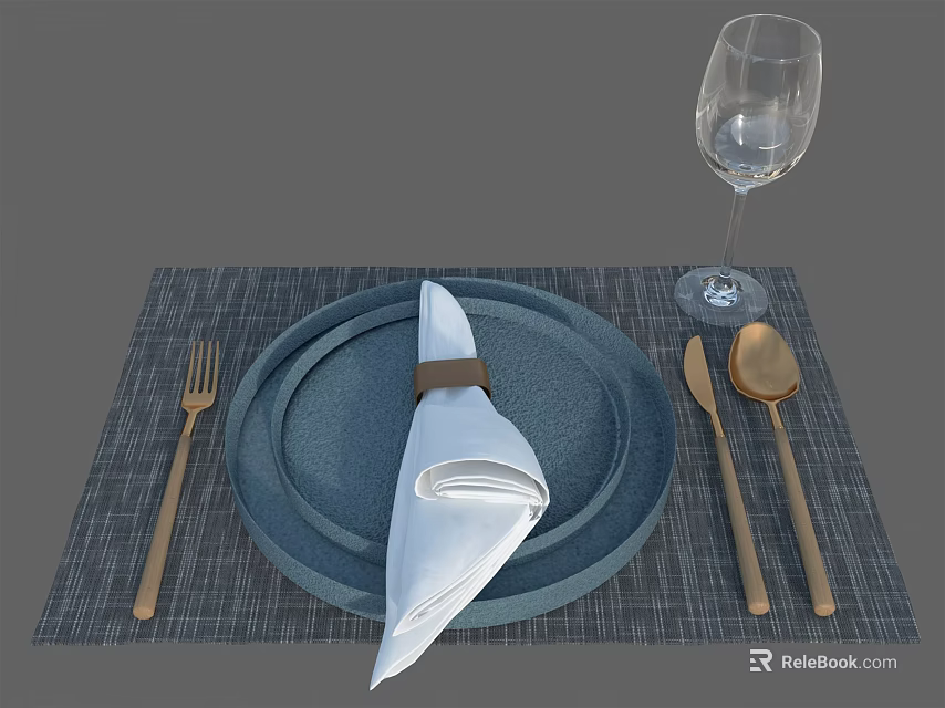 Elegant Tableware Set with Blue Plate White Napkin and Golden Cutlery on Gray Checkered Placemat 3d model 