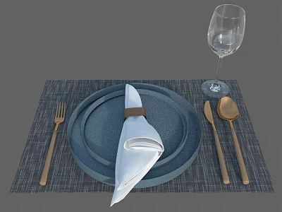 Elegant Tableware Set with Blue Plate White Napkin and Golden Cutlery on Gray Checkered Placemat 3d model