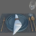 Elegant Tableware Set with Blue Plate White Napkin and Golden Cutlery on Gray Checkered Placemat