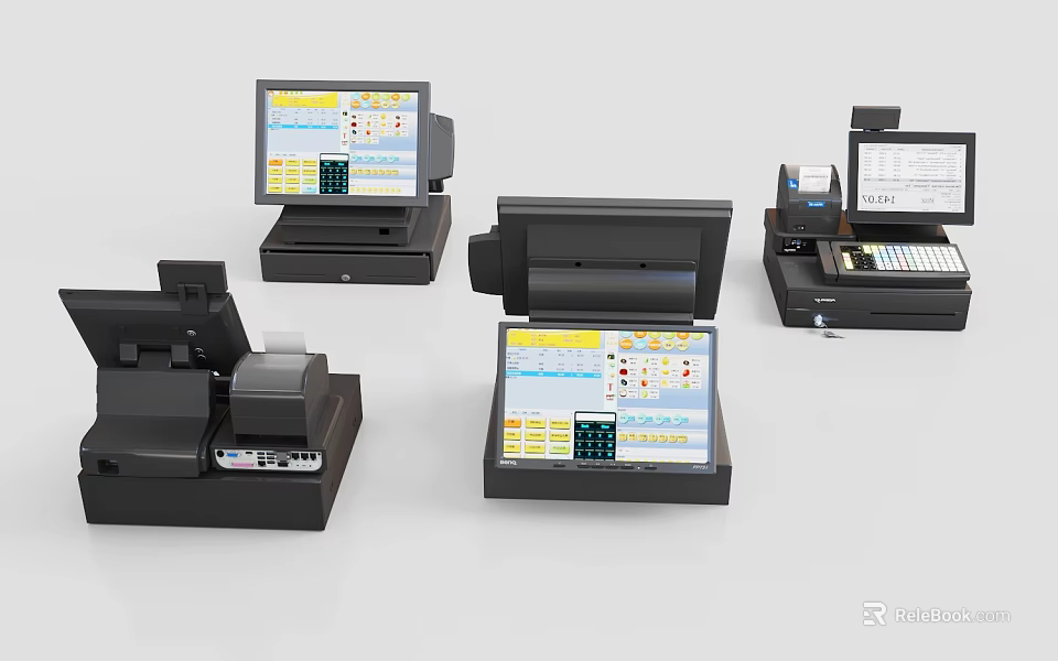 Modern Retail POS Computer Systems With Touch Screen Cash Registers And Receipt Printers 3d model 