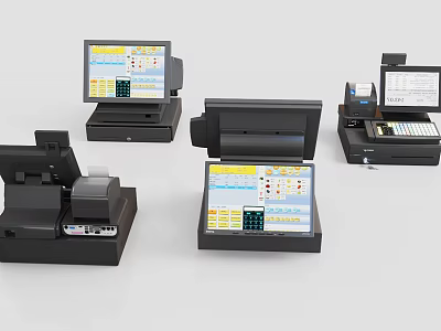 Modern Retail POS Computer Systems With Touch Screen Cash Registers And Receipt Printers 3d model