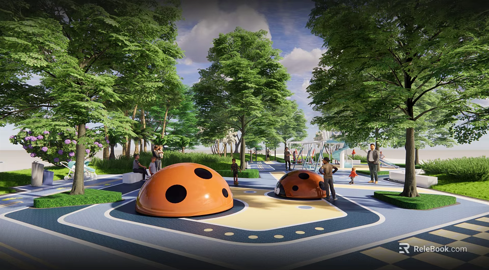Kids Play Area Featuring Orange Ladybug Shaped Play Structures Green Trees And Colorful Ground 3d model 