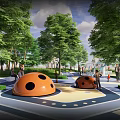 Kids Play Area Featuring Orange Ladybug Shaped Play Structures Green Trees And Colorful Ground