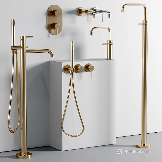 Elegant Modern Washbasin Design With Sleek Brass Faucets And White Countertop 3d model 