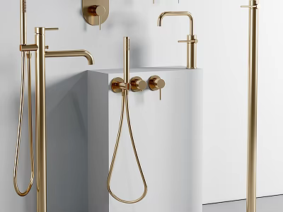 Elegant Modern Washbasin Design With Sleek Brass Faucets And White Countertop 3d model