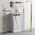 Elegant Modern Washbasin Design With Sleek Brass Faucets And White Countertop