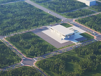 Aerial Planning of Modern Complex with Central Building Green Areas Parking Lots and Road Networks 3d model