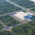 Aerial Planning of Modern Complex with Central Building Green Areas Parking Lots and Road Networks
