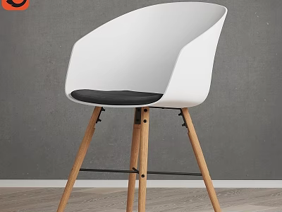 Modern White Stool With Curved Backrest Black Seat Cushion And Wooden Legs 3d model