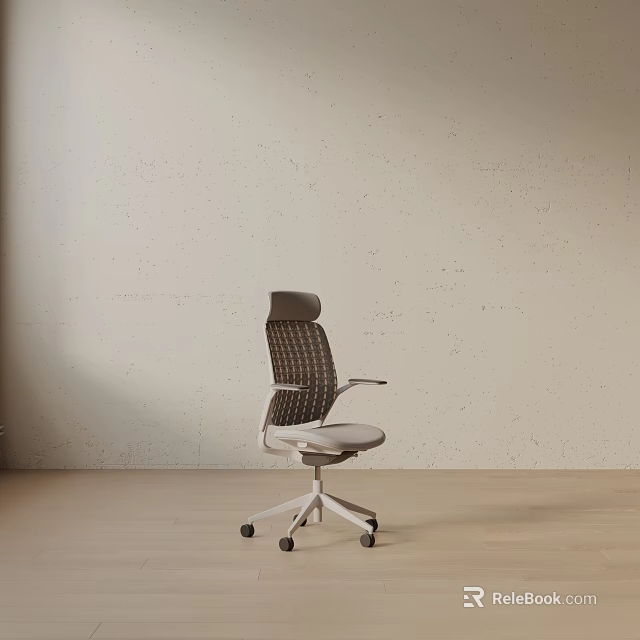 Modern Office Chair with Mesh Backrest Light Colored Seat on Wooden Floor 3d model 