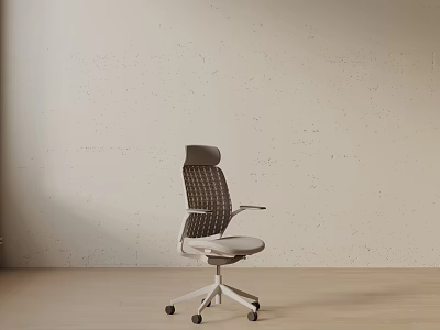 Modern Office Chair with Mesh Backrest Light Colored Seat on Wooden Floor 3d model
