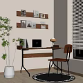 Modern Home Office Workspace Featuring Wooden Desk Laptop Shelves And Potted Plant