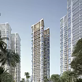 Modern High Rise Building Exterior Design With Glass Windows Balconies And Palm Trees