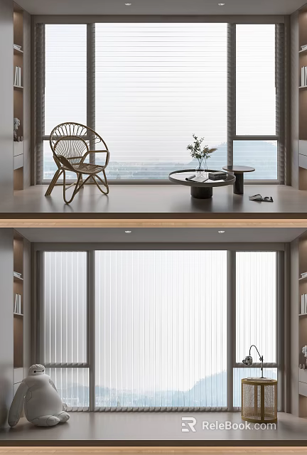 Modern Vertical Blinds in Living Room Interior with Wicker Chair Round Table and Scenic View 3d model 