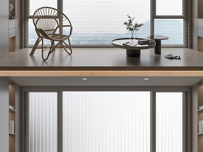 Modern Vertical Blinds in Living Room Interior with Wicker Chair Round Table and Scenic View 3d model