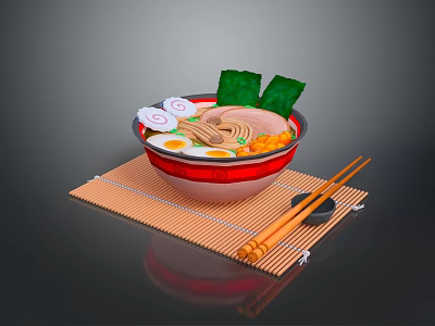 The image provided focuses on a bowl of ramen with ingredients like noodles eggs and seaweed and there are no animals shown so it's impossible to generate an animal-centered title based on the picture. 3d model