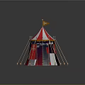 Red and white striped tent featuring decorative spire golden patterns and adjacent canopy on grass