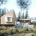 Detached Wooden House With Sloped Roof Surrounded By Trees And Stacked Wood