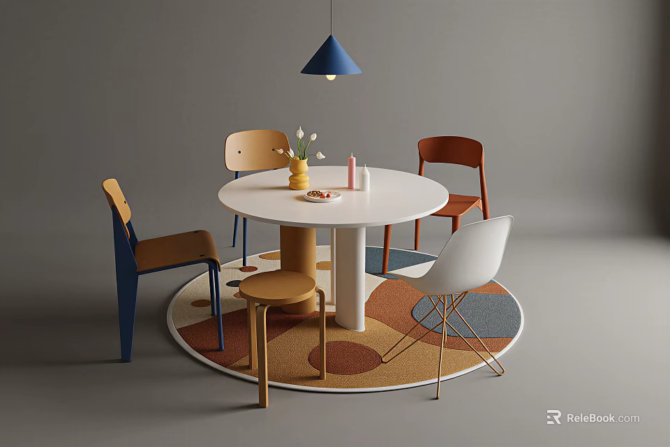 Modern Round Table and Chairs Set with Colorful Seats Circular Rug and Blue Pendant 3d model 