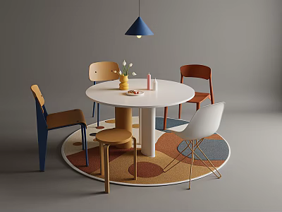 Modern Round Table and Chairs Set with Colorful Seats Circular Rug and Blue Pendant 3d model