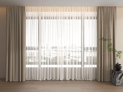 Stylish Curtains With Sheer White And Beige Panels Enhancing Window View With Natural Light 3d model
