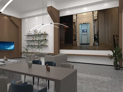 Modern Living Room Interior With Sofa TV Dining Table And Pendant Lights 3d model