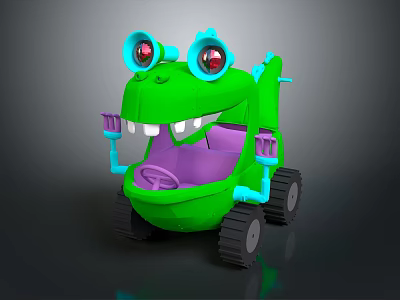 Green Electric Toy Dinosaur Ride On Car With Big Eyes Purple Seat And Blue Details 3d model