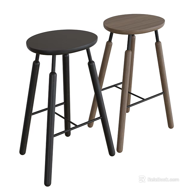 Black And Wooden Bar Stools With Round Seat And Four Legs Crossbar 3d model 