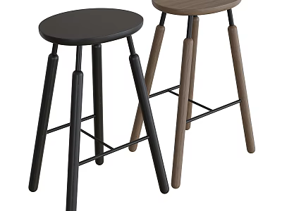 Black And Wooden Bar Stools With Round Seat And Four Legs Crossbar 3d model