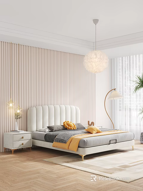 Double Bed with Upholstered Headboard Against Vertical Striped Wooden Wall White Nightstand Gold Floor Lamp Round Pendant Light 3d model 