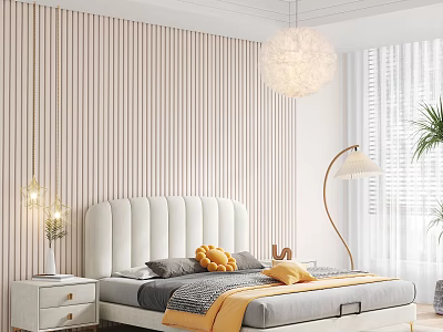 Double Bed with Upholstered Headboard Against Vertical Striped Wooden Wall White Nightstand Gold Floor Lamp Round Pendant Light 3d model