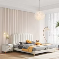 Double Bed with Upholstered Headboard Against Vertical Striped Wooden Wall White Nightstand Gold Floor Lamp Round Pendant Light
