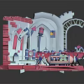 Colorful Cartoon Scene With Pink Brick Staircase Blue Tower And Mechanical Devices