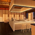 Elegant Chinese Style Specialty Store Interior With Wooden Shelves Counter Pendant Lights And Red Banner