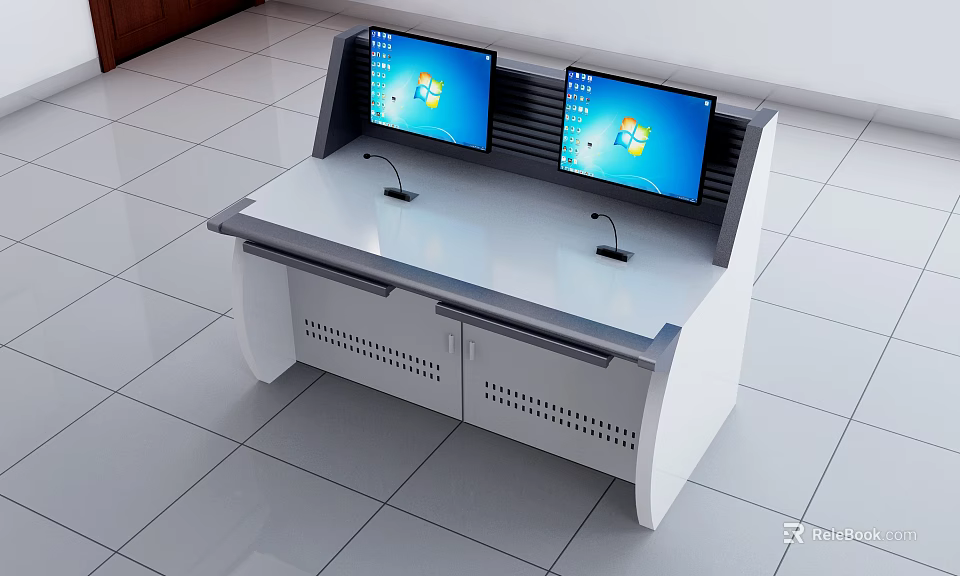 Office Desk With Dual Monitors Microphones And Perforated Cabinet Doors In Modern Workspace 3d model 
