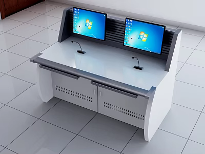 Office Desk With Dual Monitors Microphones And Perforated Cabinet Doors In Modern Workspace 3d model