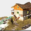 Traditional Cottage With Stone Walls Wooden Structure Tile Roof And Colorful Flags By Stream Rocks