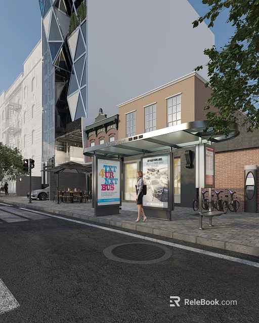 Vibrant Urban Commercial Street Featuring Bus Stop Shelter Billboard Pedestrian And Bicycle Parking 3d model 