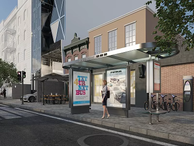 Vibrant Urban Commercial Street Featuring Bus Stop Shelter Billboard Pedestrian And Bicycle Parking 3d model