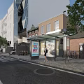 Vibrant Urban Commercial Street Featuring Bus Stop Shelter Billboard Pedestrian And Bicycle Parking