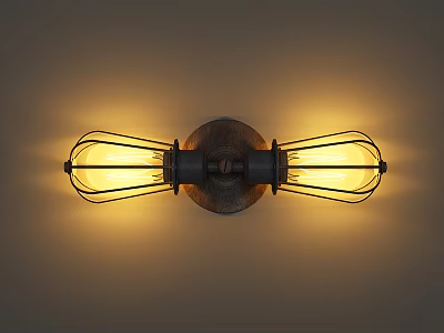 Vintage Industrial Wall Sconce With Wire Cage And Two Warm Yellow Light Bulbs 3d model