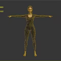 Woman in Black Bodysuit with Arms Outstretched Standing Barefoot Against Gray Background